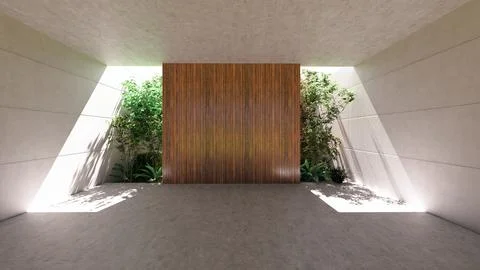 Modern concrete structure featuring lush plants and  wooden panels. Stock Illustration