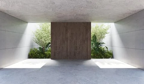 Modern concrete structure featuring lush plants and  wooden panels. Stock Illustration
