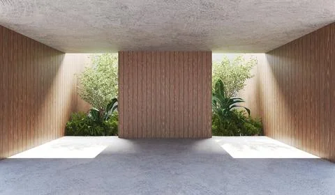 Modern concrete structure featuring lush plants and  wooden panels. Stock Illustration
