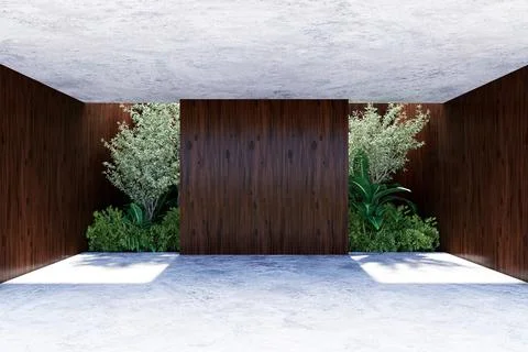 Modern concrete structure featuring lush plants and  wooden panels. Stock Illustration
