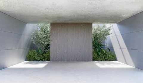 Modern concrete structure featuring lush plants and  wooden panels. Stock Illustration