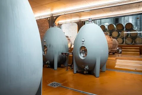 Modern concrete wine fermentation eggs in winery cellar Stock Photos