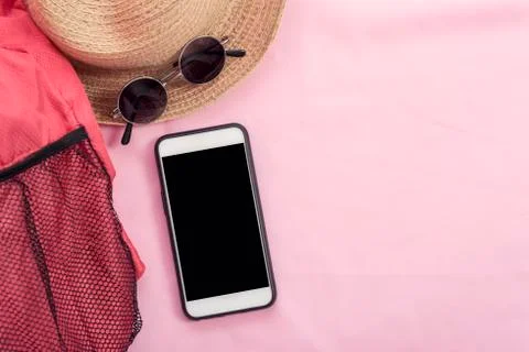 Modern connection technology background, mobile, red bag, hat and sunglasses Stock Photos