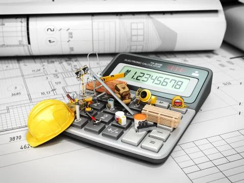 Modern construction costing concept hard hat bricks and tape measure in the d Stock Illustration