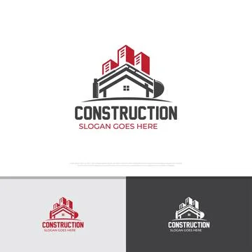 Modern construction logo design template featuring red skyscrapers, house s.. Ilustración de archivo