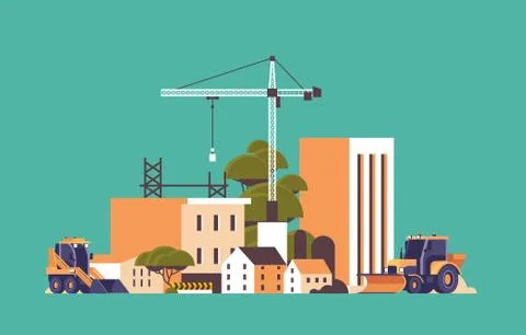 Modern construction site with cranes tractor and bulldozer unfinished building Ilustración de archivo