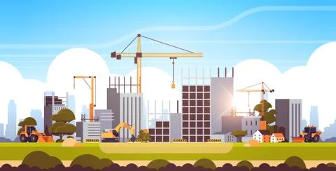 Modern construction site with cranes tractor and bulldozer unfinished building Ilustración de archivo