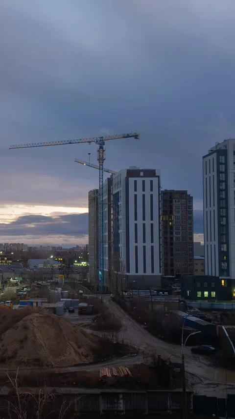 Modern Construction Site with Tower Cranes Working at Dusk in Urban Develop.. Stock-Footage 297264985