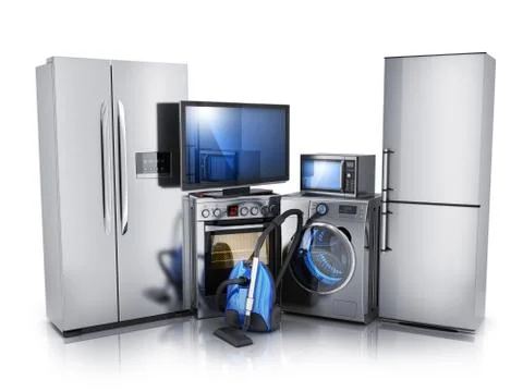 Modern consumer electronics on white background, TV, microwave, fridge, washe Stock Illustration