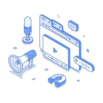 Modern Content Marketing Tools: From Microphone to Social Media Isometric V.. Stock Illustration