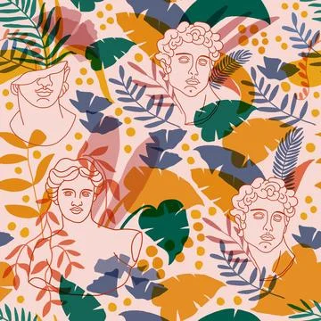 Modern continuous one line art in cubism style with ancient greek gods statue Illustrazione stock