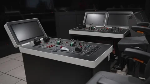 Modern control consoles for a high-tech maritime navigation simulator Stock Footage 313649289