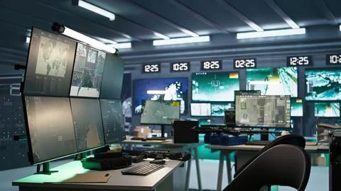 Modern control room with multiple monitors and digital clocks Stock Photos