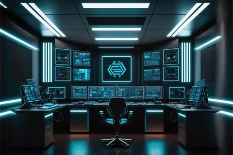 Modern control room. Multiple Personal Computer Monitors Showing Coding Lan.. Stock Illustration