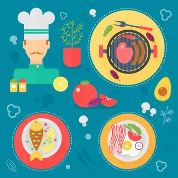 Modern cooking love flat concept. Kitchen tools, food dish and cooking Stock Illustration