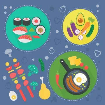 Modern cooking love flat concept. Kitchen tools, food dish and cooking Stock Illustration
