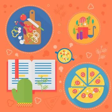 Modern cooking love flat concept. Kitchen tools and cooking food infographics Stock Illustration