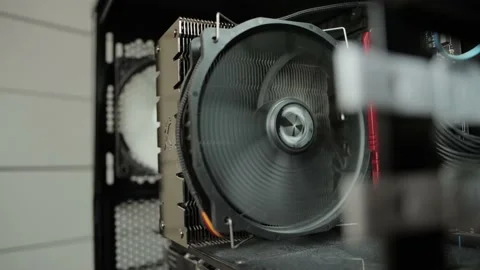 Modern cooler for cooling the processor in the computer system unit, close-up Stock Footage 157983290