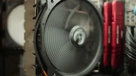 Modern cooler for cooling the processor in the computer system unit, close-up Stock Footage 158355686