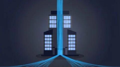 Modern Corporate Data Center Tower with Flowing Digital Data Streams Stockbeeldmateriaal 329559866