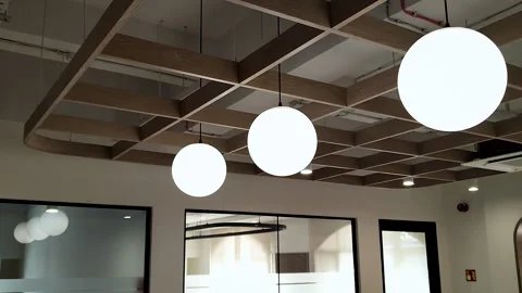 Modern Corporate Office Ceiling Lights and Contemporary Workspace Interior Stock Footage 337006392