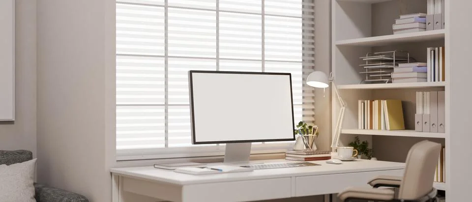 Modern corporate office with desktop computer mockup and bright workspace Stock Illustration