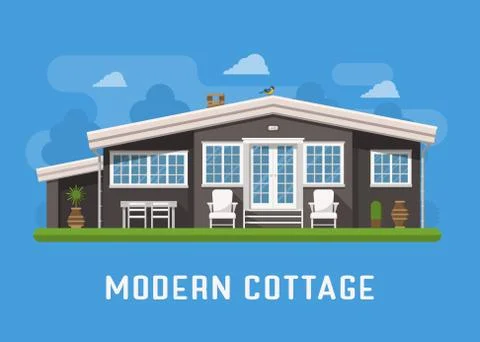 Modern Cottage on Rural Background Stock Illustration