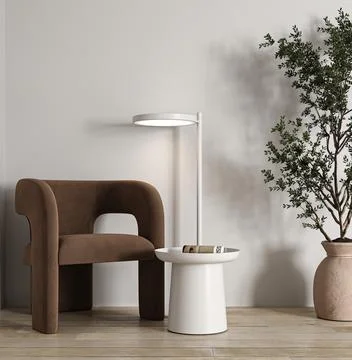Modern cozy corner with elegant brown chair and sleek floor lamp Stock-Illustration