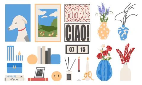 Modern Cozy Home Decor. Bundle with Wall Art Candles Vases Stock Illustration