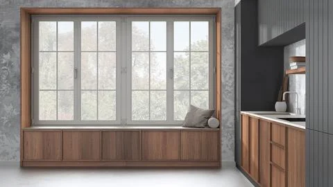 Modern cozy kitchen and big window with bench in white and dark tones. Wallpa Stock Illustration
