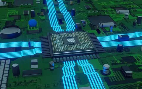 Modern cpu chip with glowing circuit board background Stock Photos