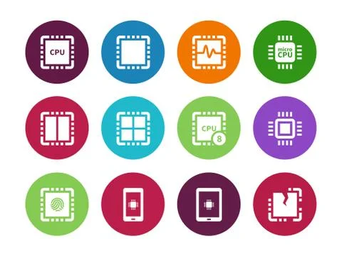 Modern CPU circle icons on white background 스톡 일러스트