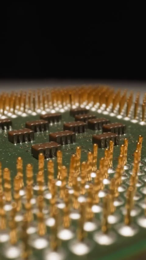 Modern CPU with connection pins on table on black background Stock Footage 307462238