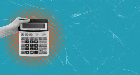Modern creative art collage of hand holding calculator on a blue background,  Stock Illustration
