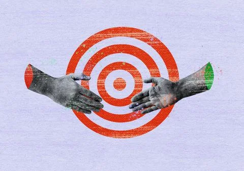 Modern creative composite collage hands handshake shrug against Foto stock