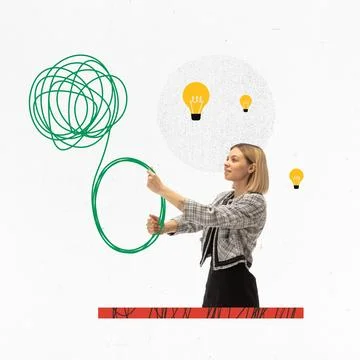 Modern creative conceptual design. Young girl easily solving difficult tasks and Stock Photos