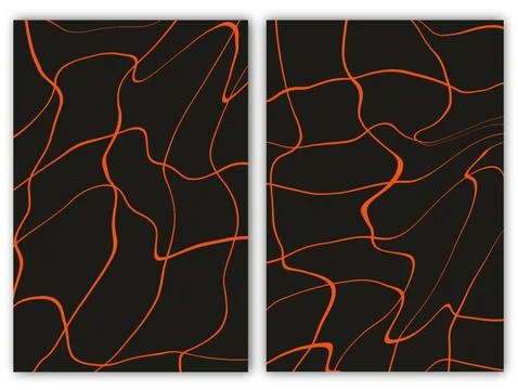 Modern creative cover design set. Abstract orange pattern curves on black Stock Illustration