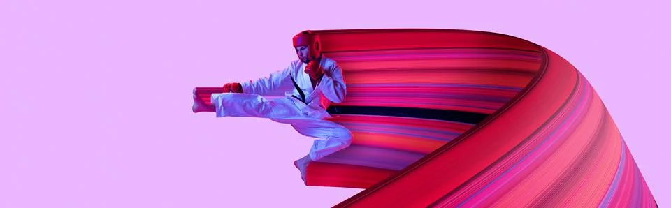 Modern creative design with abstract elements. male kickboxer, mma fighter in Foto stock