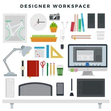 Modern creative office workspace, set. Workplace of digital designer. Office of Illustrazione stock