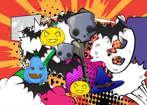 Modern creative pop art vibrant comic book style Halloween poster. Cartoon .. Stock Illustration