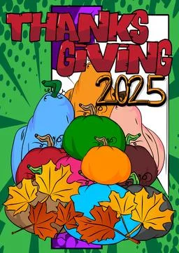 Modern creative pop art vibrant comic book style Thanksgiving 2025 text wit.. Stockillustratie