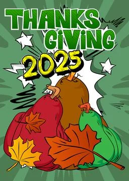 Modern creative pop art vibrant comic book style Thanksgiving 2025 text wit.. Stockillustratie
