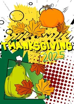 Modern creative pop art vibrant comic book style Thanksgiving 2025 text wit.. Stockillustratie