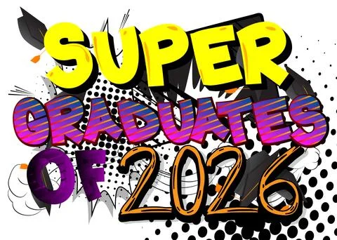 Modern creative pop art vibrant comic book style Super Graduates of 2026 te.. Stockillustratie