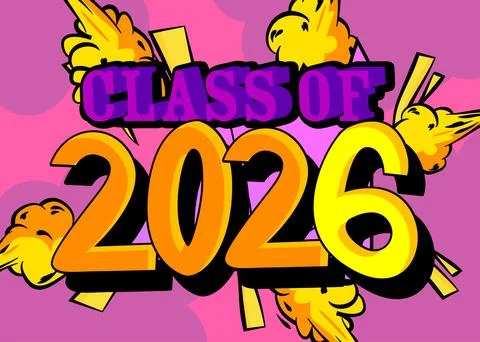Modern creative pop art vibrant comic book style Class of 2026 text. Cartoo.. Stockillustratie