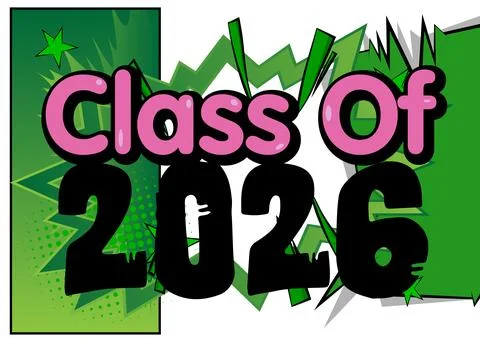 Modern creative pop art vibrant comic book style Class of 2026 text. Cartoo.. Stockillustratie