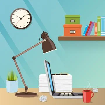 Modern creative workspace illustration with work table, a lamp and laptop Stock Illustration