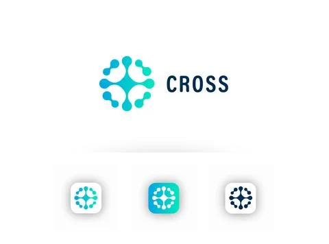 Modern cross logo featuring connected molecular branches around a central Stock Illustration