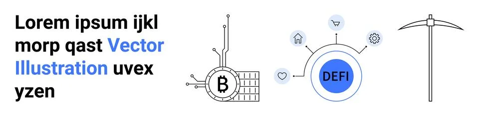 Modern Cryptocurrency Elements with Bitcoin, DeFi, and Mining Pickaxe for F.. 스톡 일러스트