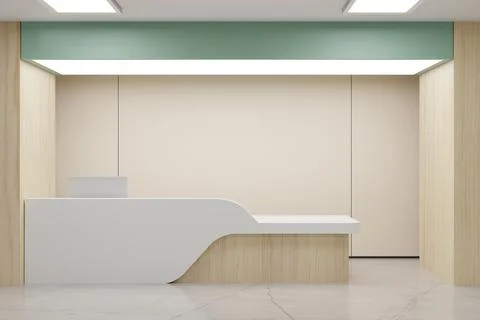 Modern curved white reception desk wood base mint ceiling beige interior Stock Illustration